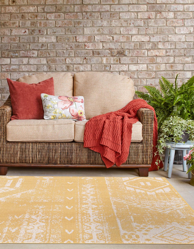 Yellow 5' 3 x 5' 3 Outdoor Bohemian Square Area Rug Weather Resistant for Patio, Deck, Terrace, Balcony, Porch 100% Polypropylene Boho Carpet Mat for Sale at Rug Engine