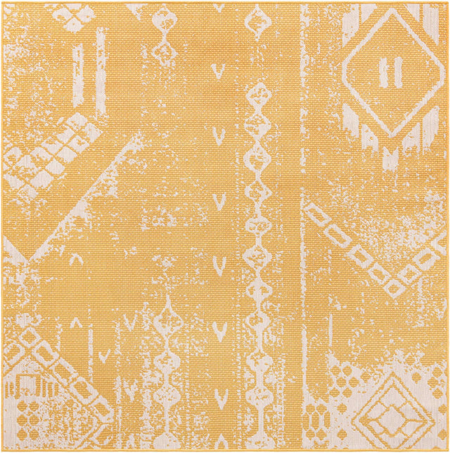 Yellow 7' 1 x 7' 1 Outdoor Bohemian Square Area Rug Weather Resistant for Patio, Deck, Terrace, Balcony, Porch 100% Polypropylene Boho Carpet Mat for Sale at Rug Engine