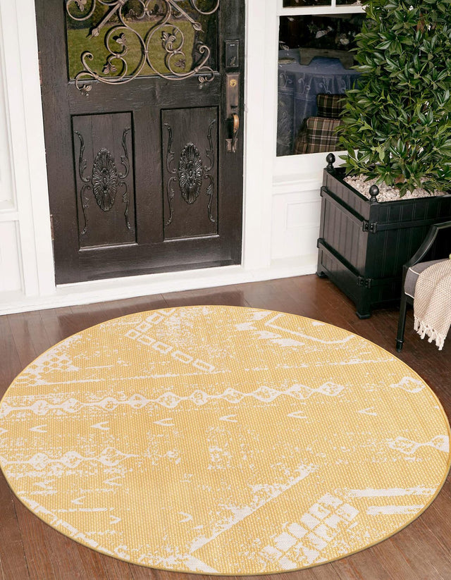 Yellow 4' 1 x 4' 1 Outdoor Bohemian Round Area Rug Weather Resistant for Patio, Deck, Terrace, Balcony, Porch 100% Polypropylene Boho Carpet Mat for Sale at Rug Engine
