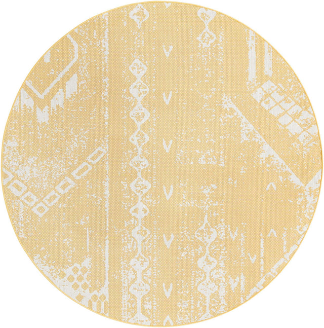 Yellow 7' 10 x 7' 10 Outdoor Bohemian Round Area Rug Weather Resistant for Patio, Deck, Terrace, Balcony, Porch 100% Polypropylene Boho Carpet Mat for Sale at Rug Engine