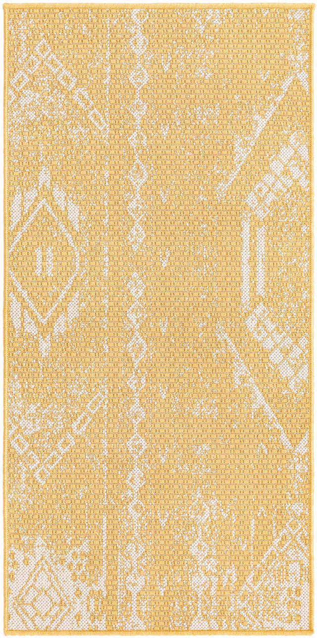 Yellow 2' x 4' 1 Outdoor Bohemian Runner Area Rug Weather Resistant for Patio, Deck, Terrace, Balcony, Porch 100% Polypropylene Boho Carpet Mat for Sale at Rug Engine