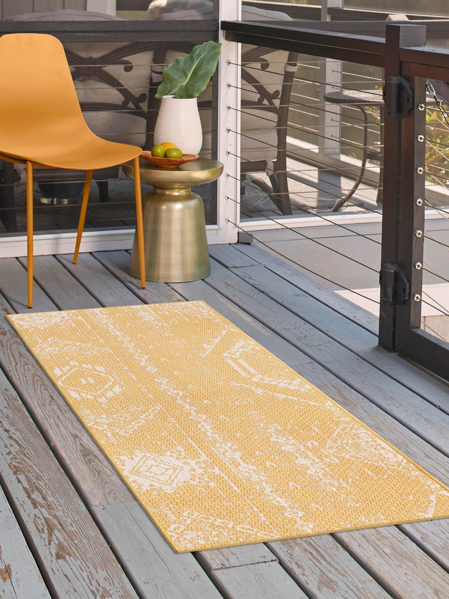 Yellow 2' 7 x 8' Outdoor Bohemian Runner Area Rug Weather Resistant for Patio, Deck, Terrace, Balcony, Porch 100% Polypropylene Boho Carpet Mat for Sale at Rug Engine