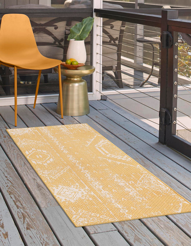 Yellow 2' 7 x 8' Outdoor Bohemian Runner Area Rug Weather Resistant for Patio, Deck, Terrace, Balcony, Porch 100% Polypropylene Boho Carpet Mat for Sale at Rug Engine