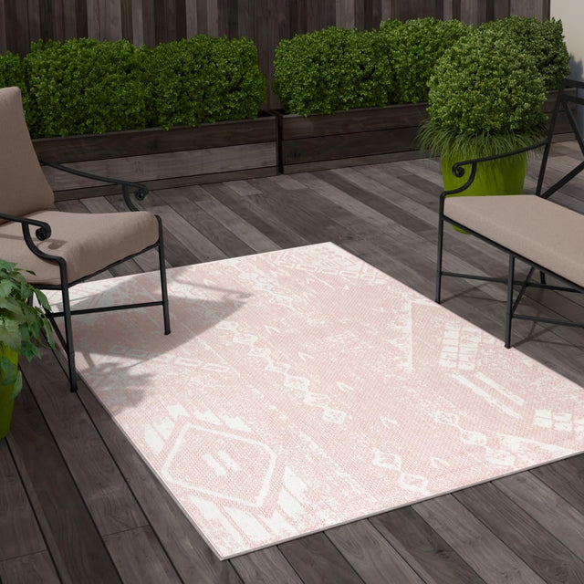 Pink 5' 3 x 8' Outdoor Bohemian Rectangle Area Rug Weather Resistant for Patio, Deck, Terrace, Balcony, Porch 100% Polypropylene Boho Carpet Mat for Sale at Rug Engine