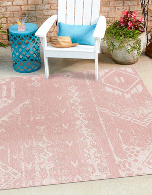 Pink 5' 3 x 5' 3 Outdoor Bohemian Square Area Rug Weather Resistant for Patio, Deck, Terrace, Balcony, Porch 100% Polypropylene Boho Carpet Mat for Sale at Rug Engine