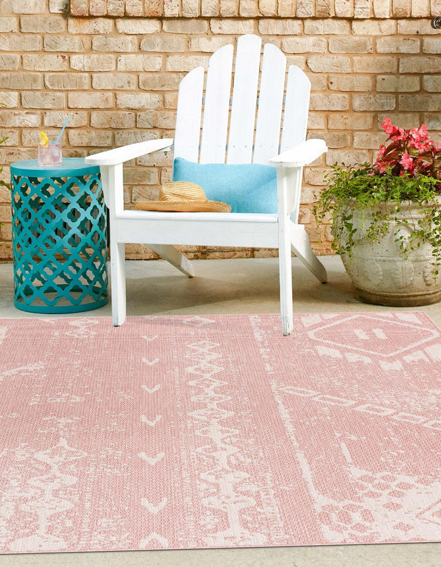Pink 10' 8 x 10' 8 Outdoor Bohemian Square Area Rug Weather Resistant for Patio, Deck, Terrace, Balcony, Porch 100% Polypropylene Boho Carpet Mat for Sale at Rug Engine