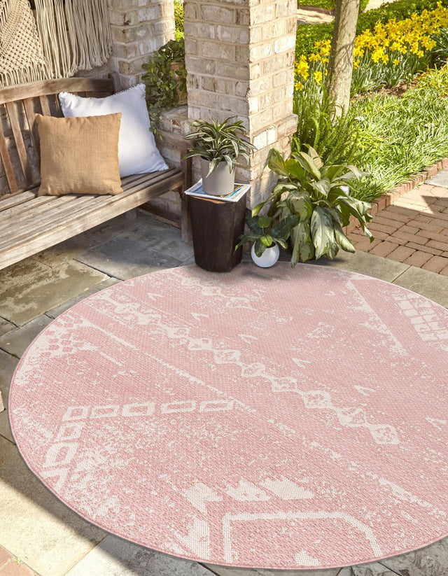 Pink 4' 1 x 4' 1 Outdoor Bohemian Round Area Rug Weather Resistant for Patio, Deck, Terrace, Balcony, Porch 100% Polypropylene Boho Carpet Mat for Sale at Rug Engine
