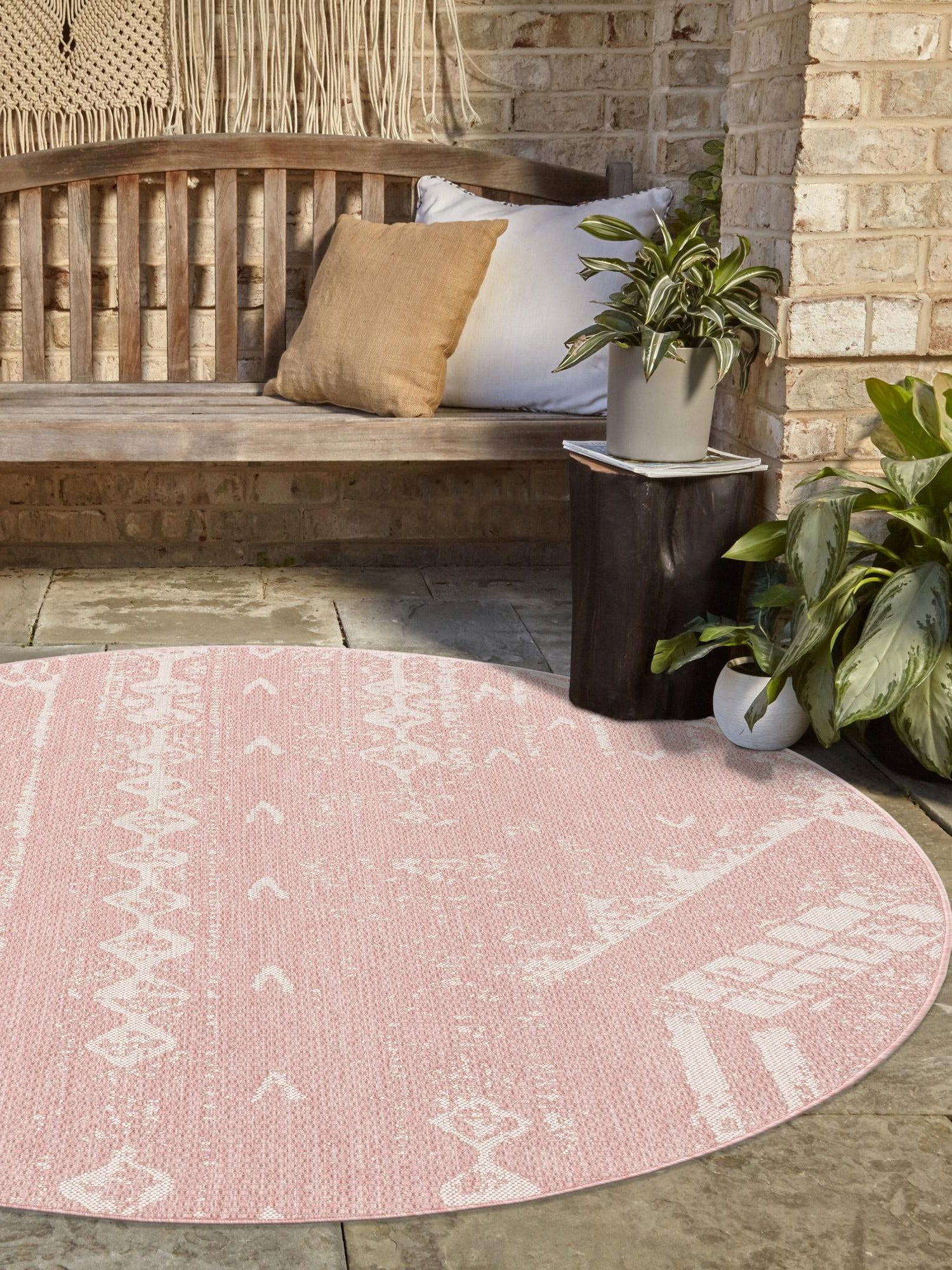 Pink 4' 1 x 4' 1 Outdoor Bohemian Round Area Rug Weather Resistant for Patio, Deck, Terrace, Balcony, Porch 100% Polypropylene Boho Carpet Mat for Sale at Rug Engine