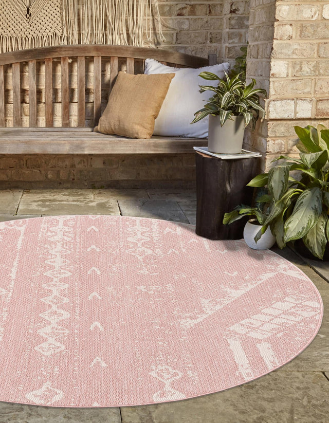 Pink 4' 1 x 4' 1 Outdoor Bohemian Round Area Rug Weather Resistant for Patio, Deck, Terrace, Balcony, Porch 100% Polypropylene Boho Carpet Mat for Sale at Rug Engine