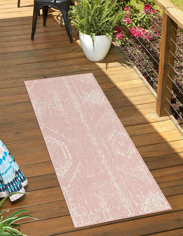 Pink 3' 3 x 14' 1 Outdoor Bohemian Runner Area Rug Weather Resistant for Patio, Deck, Terrace, Balcony, Porch 100% Polypropylene Boho Carpet Mat for Sale at Rug Engine