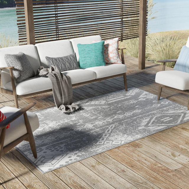 Charcoal Gray 6' 1 x 9' Outdoor Bohemian Rectangle Area Rug Weather Resistant for Patio, Deck, Terrace, Balcony, Porch 100% Polypropylene Boho Carpet Mat for Sale at Rug Engine