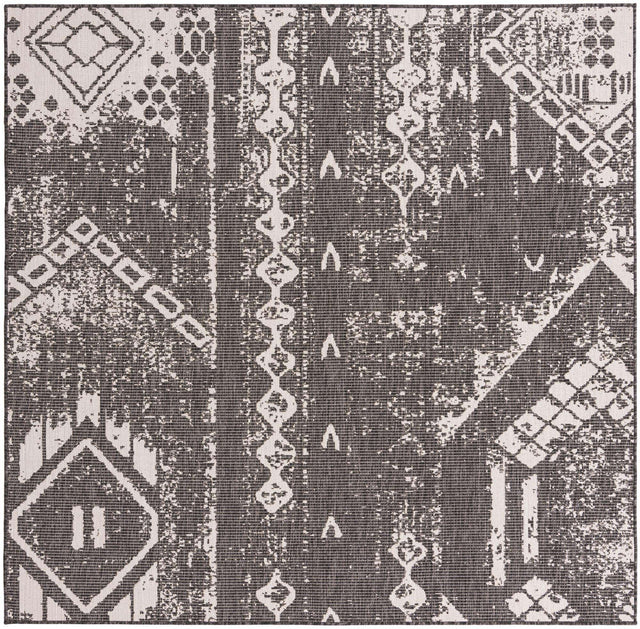 Charcoal Gray 7' 1 x 7' 1 Outdoor Bohemian Square Area Rug Weather Resistant for Patio, Deck, Terrace, Balcony, Porch 100% Polypropylene Boho Carpet Mat for Sale at Rug Engine