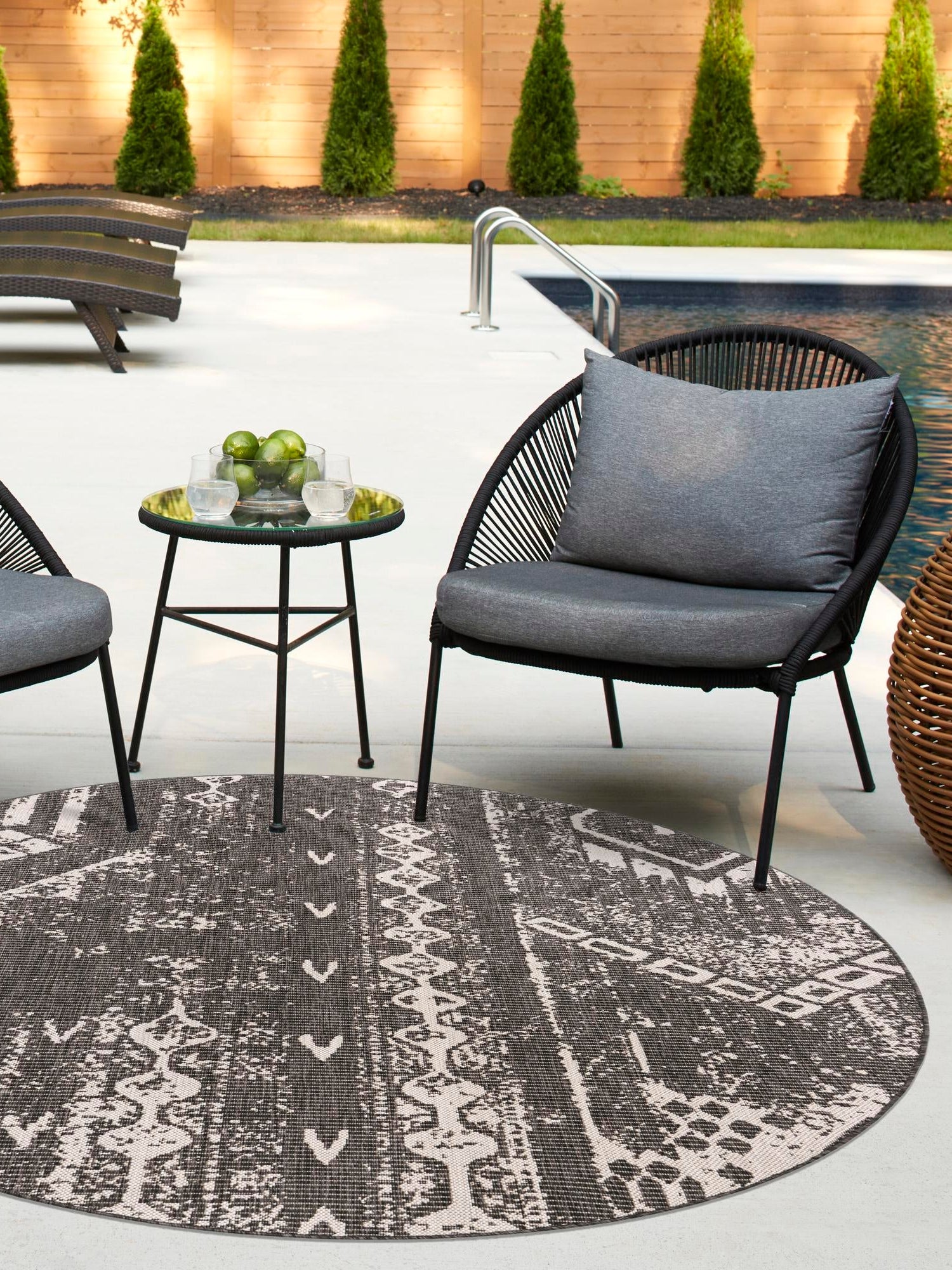 Charcoal Gray 6' 1 x 6' 1 Outdoor Bohemian Round Area Rug Weather Resistant for Patio, Deck, Terrace, Balcony, Porch 100% Polypropylene Boho Carpet Mat for Sale at Rug Engine