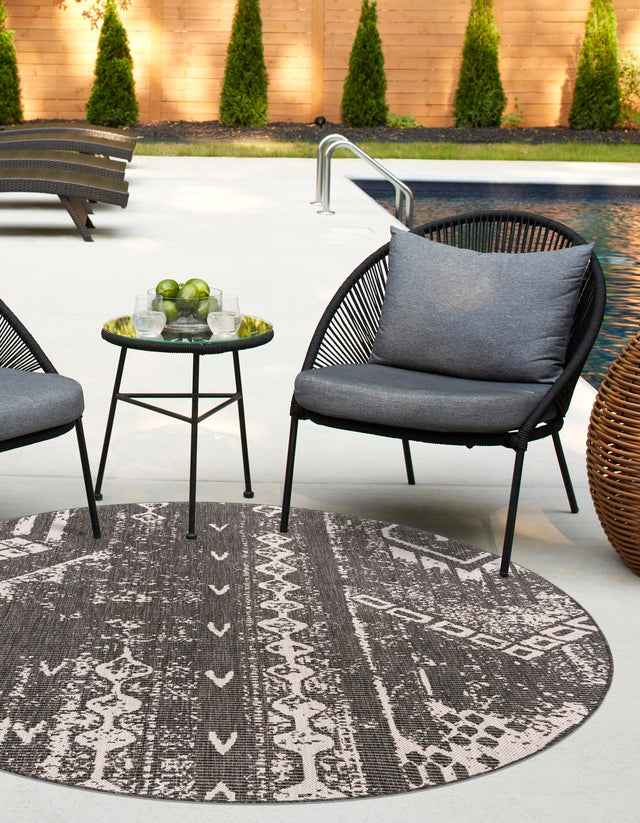 Charcoal Gray 4' 1 x 4' 1 Outdoor Bohemian Round Area Rug Weather Resistant for Patio, Deck, Terrace, Balcony, Porch 100% Polypropylene Boho Carpet Mat for Sale at Rug Engine