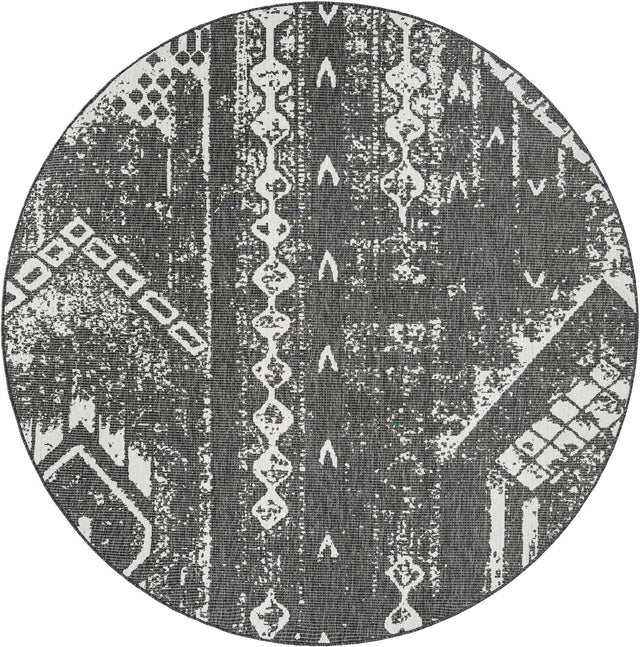 Charcoal Gray 7' 10 x 7' 10 Outdoor Bohemian Round Area Rug Weather Resistant for Patio, Deck, Terrace, Balcony, Porch 100% Polypropylene Boho Carpet Mat for Sale at Rug Engine