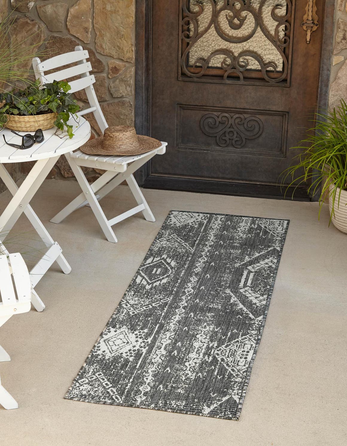 Charcoal Gray 2' x 4' 1 Outdoor Bohemian Runner Area Rug Weather Resistant for Patio, Deck, Terrace, Balcony, Porch 100% Polypropylene Boho Carpet Mat for Sale at Rug Engine