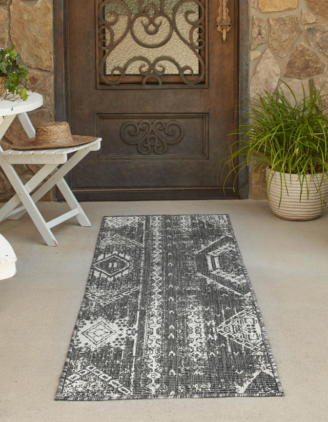 Charcoal Gray 2' 7 x 12' Outdoor Bohemian Runner Area Rug Weather Resistant for Patio, Deck, Terrace, Balcony, Porch 100% Polypropylene Boho Carpet Mat for Sale at Rug Engine