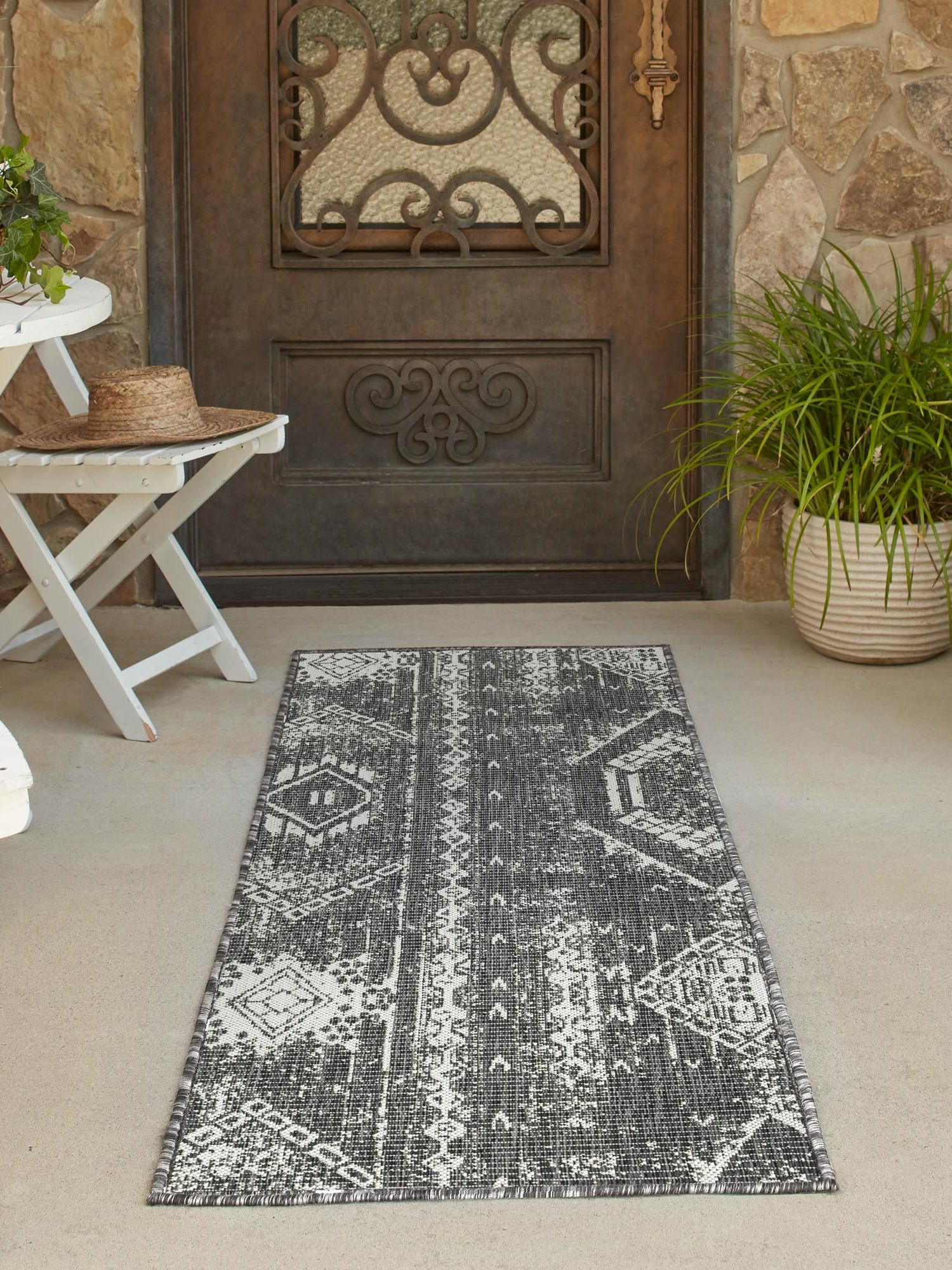 Charcoal Gray 2' x 6' 1 Outdoor Bohemian Runner Area Rug Weather Resistant for Patio, Deck, Terrace, Balcony, Porch 100% Polypropylene Boho Carpet Mat for Sale at Rug Engine