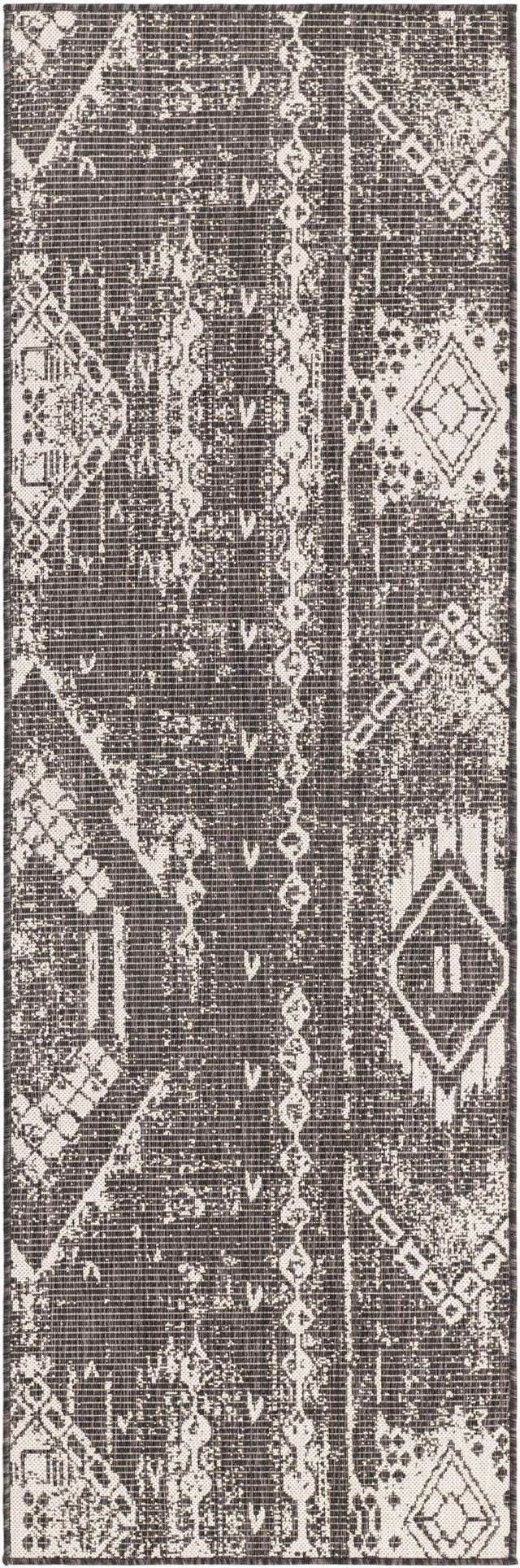 Charcoal Gray 2' x 8' Outdoor Bohemian Runner Area Rug Weather Resistant for Patio, Deck, Terrace, Balcony, Porch 100% Polypropylene Boho Carpet Mat for Sale at Rug Engine