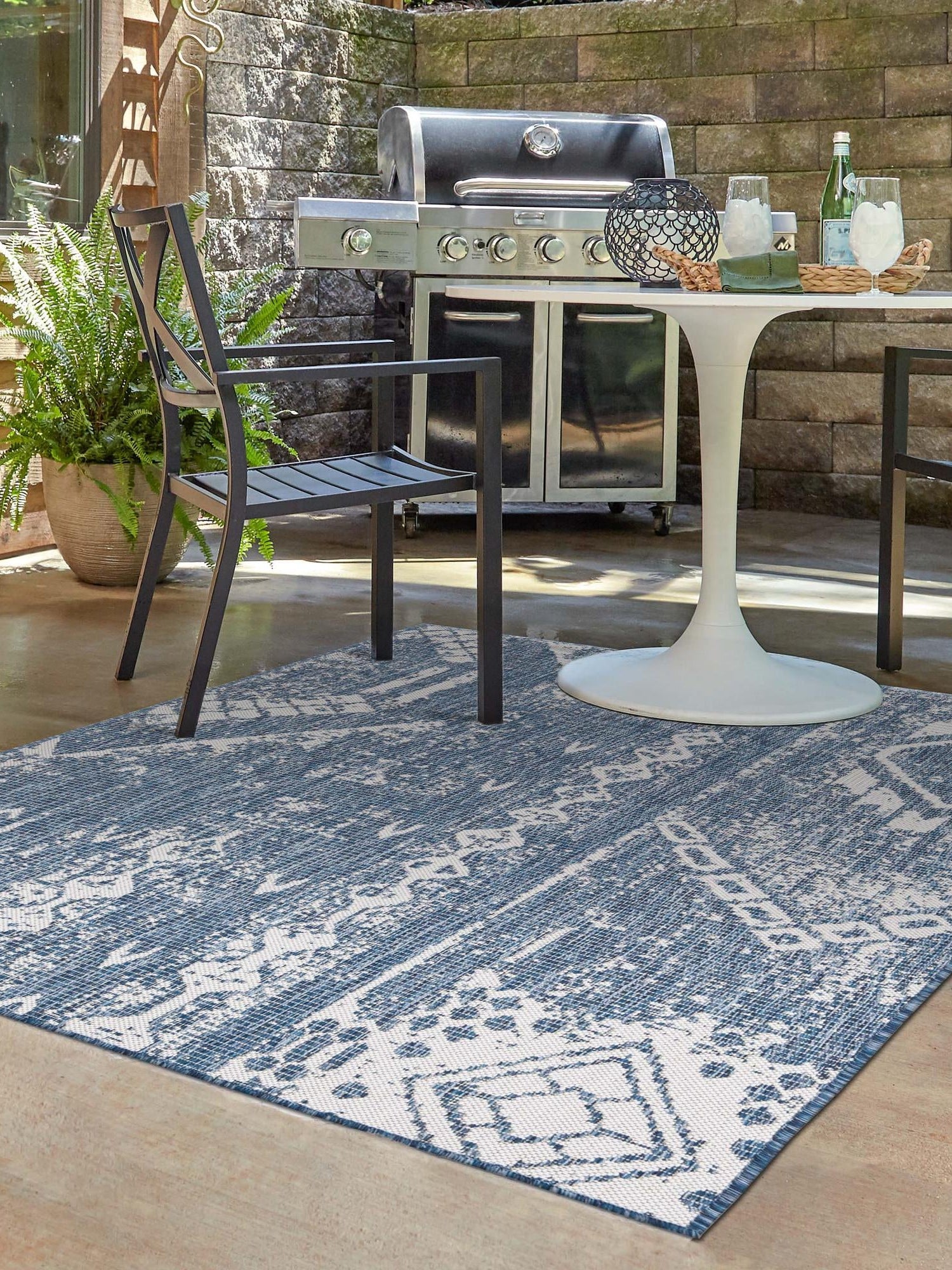 Blue 10' x 13' 1 Outdoor Bohemian Rectangle Area Rug Weather Resistant for Patio, Deck, Terrace, Balcony, Porch 100% Polypropylene Boho Carpet Mat for Sale at Rug Engine