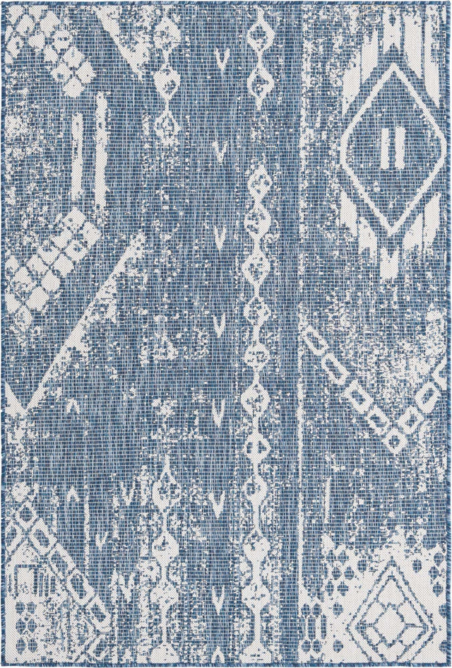 Blue 4' 1 x 6' 1 Outdoor Bohemian Rectangle Area Rug Weather Resistant for Patio, Deck, Terrace, Balcony, Porch 100% Polypropylene Boho Carpet Mat for Sale at Rug Engine