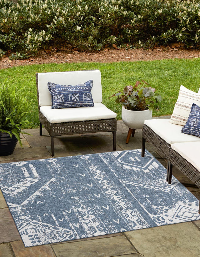Blue 5' 3 x 5' 3 Outdoor Bohemian Square Area Rug Weather Resistant for Patio, Deck, Terrace, Balcony, Porch 100% Polypropylene Boho Carpet Mat for Sale at Rug Engine