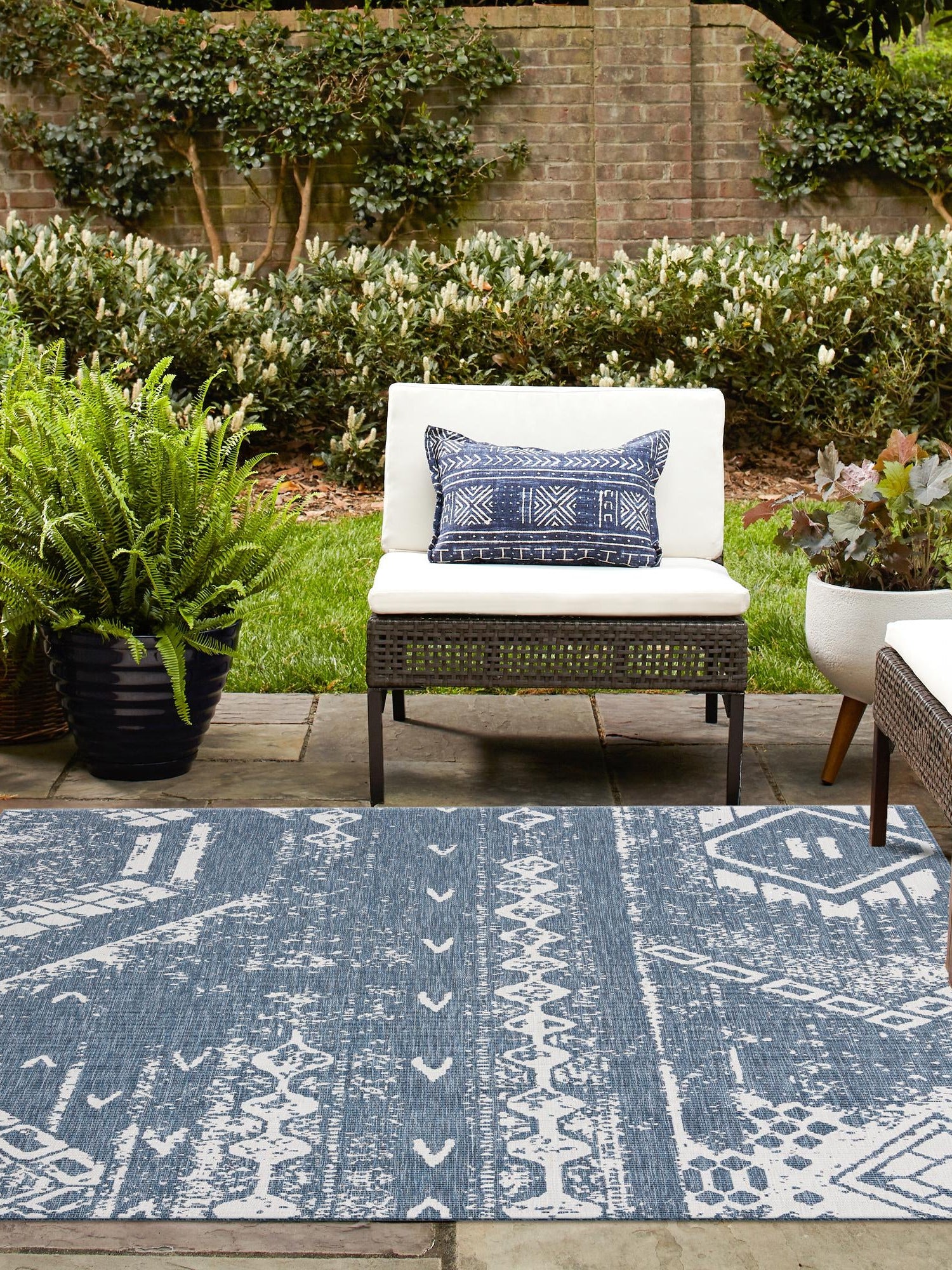Blue 13' 1 x 13' 1 Outdoor Bohemian Square Area Rug Weather Resistant for Patio, Deck, Terrace, Balcony, Porch 100% Polypropylene Boho Carpet Mat for Sale at Rug Engine