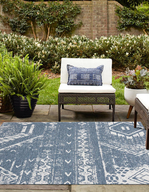 Blue 7' 1 x 7' 1 Outdoor Bohemian Square Area Rug Weather Resistant for Patio, Deck, Terrace, Balcony, Porch 100% Polypropylene Boho Carpet Mat for Sale at Rug Engine