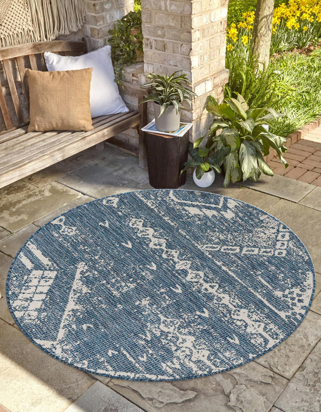 Blue 7' 10 x 7' 10 Outdoor Bohemian Round Area Rug Weather Resistant for Patio, Deck, Terrace, Balcony, Porch 100% Polypropylene Boho Carpet Mat for Sale at Rug Engine