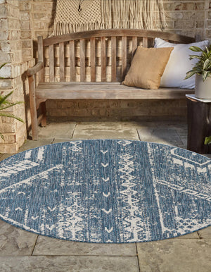 Blue 13' 1 x 13' 1 Outdoor Bohemian Round Area Rug Weather Resistant for Patio, Deck, Terrace, Balcony, Porch 100% Polypropylene Boho Carpet Mat for Sale at Rug Engine