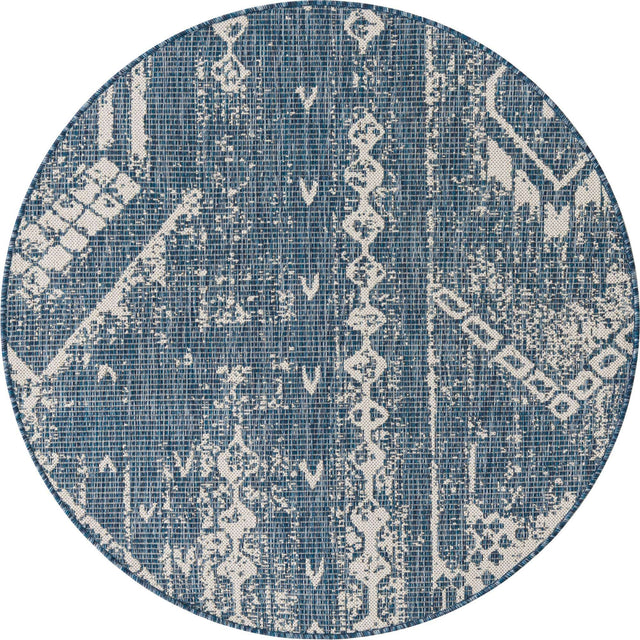 Blue 4' 1 x 4' 1 Outdoor Bohemian Round Area Rug Weather Resistant for Patio, Deck, Terrace, Balcony, Porch 100% Polypropylene Boho Carpet Mat for Sale at Rug Engine