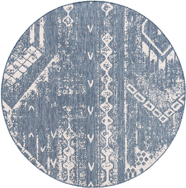 Blue 6' 1 x 6' 1 Outdoor Bohemian Round Area Rug Weather Resistant for Patio, Deck, Terrace, Balcony, Porch 100% Polypropylene Boho Carpet Mat for Sale at Rug Engine