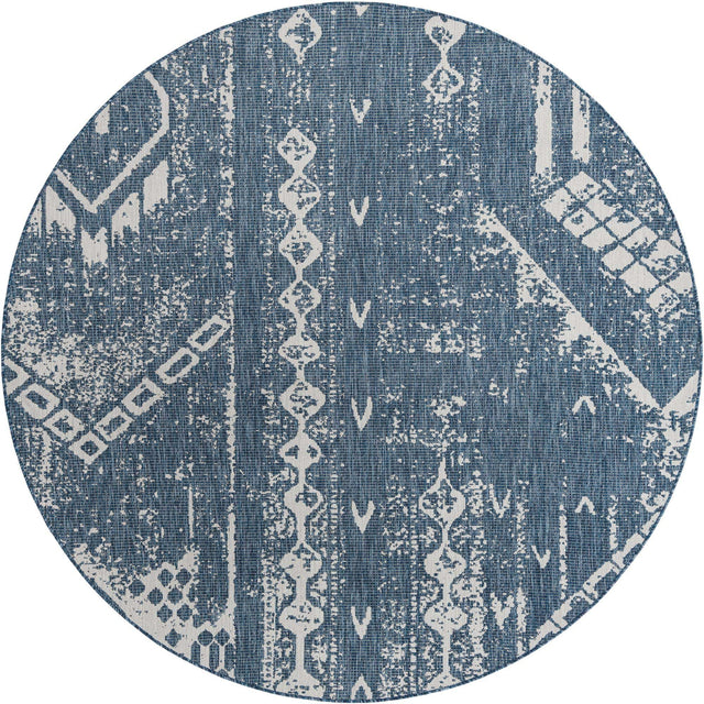 Blue 7' 10 x 7' 10 Outdoor Bohemian Round Area Rug Weather Resistant for Patio, Deck, Terrace, Balcony, Porch 100% Polypropylene Boho Carpet Mat for Sale at Rug Engine