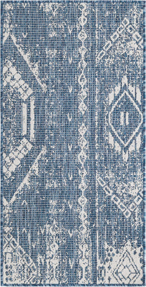 Blue 2' x 4' 1 Outdoor Bohemian Runner Area Rug Weather Resistant for Patio, Deck, Terrace, Balcony, Porch 100% Polypropylene Boho Carpet Mat for Sale at Rug Engine