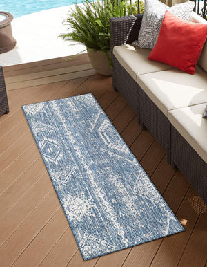 Blue 2' x 6' 1 Outdoor Bohemian Runner Area Rug Weather Resistant for Patio, Deck, Terrace, Balcony, Porch 100% Polypropylene Boho Carpet Mat for Sale at Rug Engine