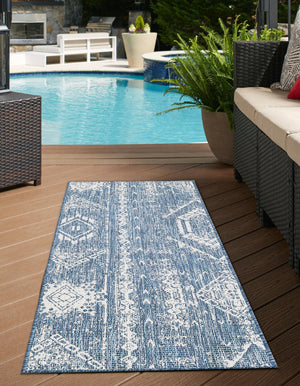 Blue 3' 3 x 14' 1 Outdoor Bohemian Runner Area Rug Weather Resistant for Patio, Deck, Terrace, Balcony, Porch 100% Polypropylene Boho Carpet Mat for Sale at Rug Engine