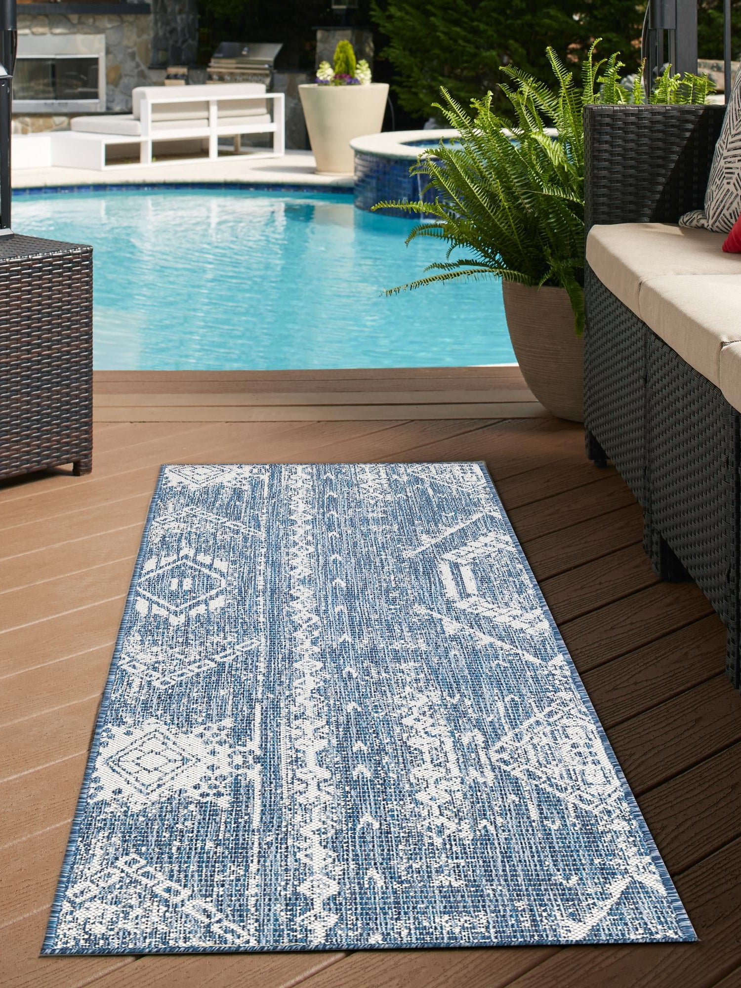 Blue 2' 7 x 12' Outdoor Bohemian Runner Area Rug Weather Resistant for Patio, Deck, Terrace, Balcony, Porch 100% Polypropylene Boho Carpet Mat for Sale at Rug Engine