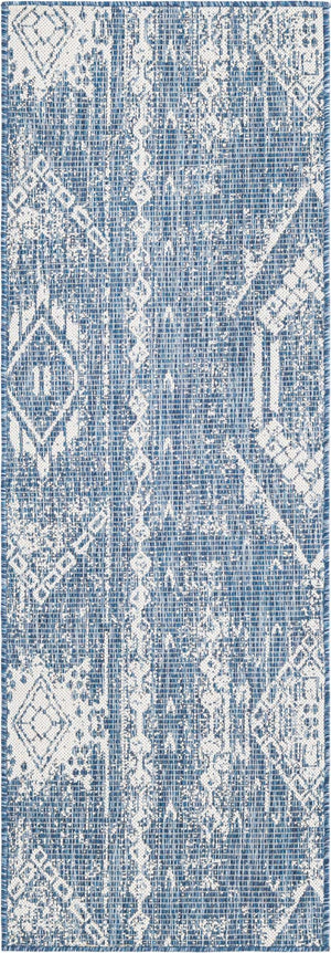 Blue 2' x 6' 1 Outdoor Bohemian Runner Area Rug Weather Resistant for Patio, Deck, Terrace, Balcony, Porch 100% Polypropylene Boho Carpet Mat for Sale at Rug Engine