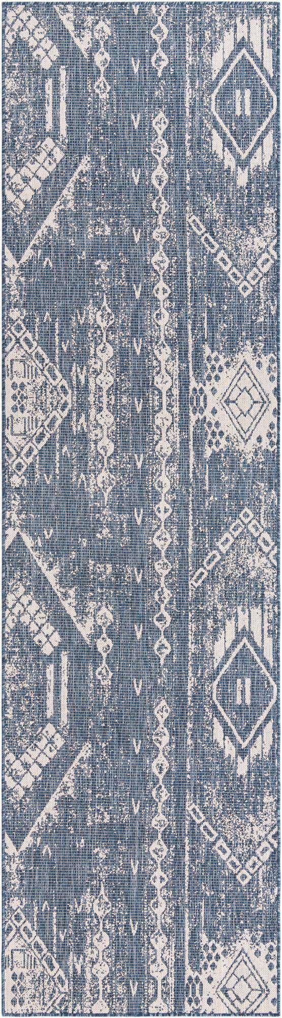 Blue 2' 7 x 12' Outdoor Bohemian Runner Area Rug Weather Resistant for Patio, Deck, Terrace, Balcony, Porch 100% Polypropylene Boho Carpet Mat for Sale at Rug Engine