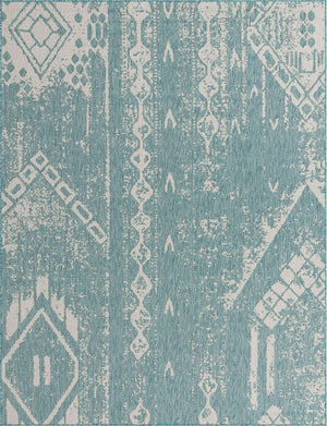 Light Aqua 7' 10 x 10' Outdoor Bohemian Rectangle Area Rug Weather Resistant for Patio, Deck, Terrace, Balcony, Porch 100% Polypropylene Boho Carpet Mat for Sale at Rug Engine