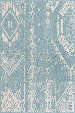 Light Aqua 6' 1 x 9' Outdoor Bohemian Rectangle Area Rug Weather Resistant for Patio, Deck, Terrace, Balcony, Porch 100% Polypropylene Boho Carpet Mat for Sale at Rug Engine