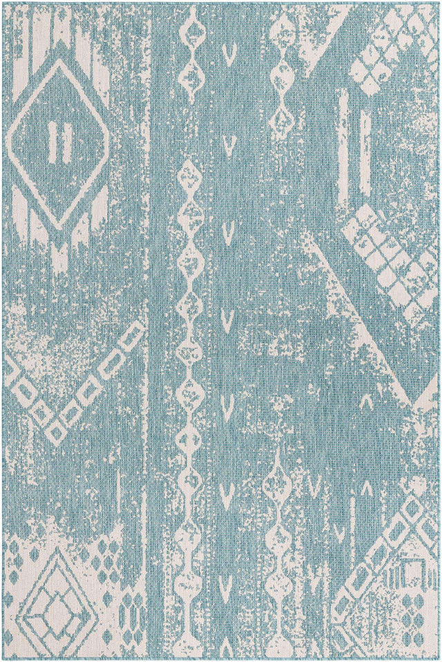 Light Aqua 6' 1 x 9' Outdoor Bohemian Rectangle Area Rug Weather Resistant for Patio, Deck, Terrace, Balcony, Porch 100% Polypropylene Boho Carpet Mat for Sale at Rug Engine