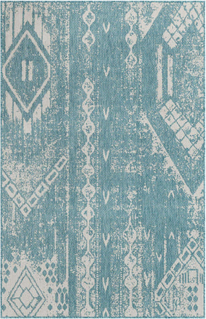 Light Aqua 5' 3 x 8' Outdoor Bohemian Rectangle Area Rug Weather Resistant for Patio, Deck, Terrace, Balcony, Porch 100% Polypropylene Boho Carpet Mat for Sale at Rug Engine