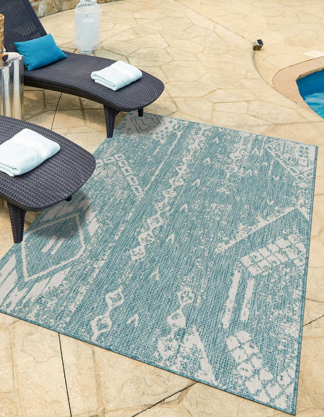 Light Aqua 7' 1 x 10' Outdoor Bohemian Rectangle Area Rug Weather Resistant for Patio, Deck, Terrace, Balcony, Porch 100% Polypropylene Boho Carpet Mat for Sale at Rug Engine