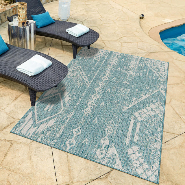 Light Aqua 2' x 3' 1 Outdoor Bohemian Rectangle Area Rug Weather Resistant for Patio, Deck, Terrace, Balcony, Porch 100% Polypropylene Boho Carpet Mat for Sale at Rug Engine