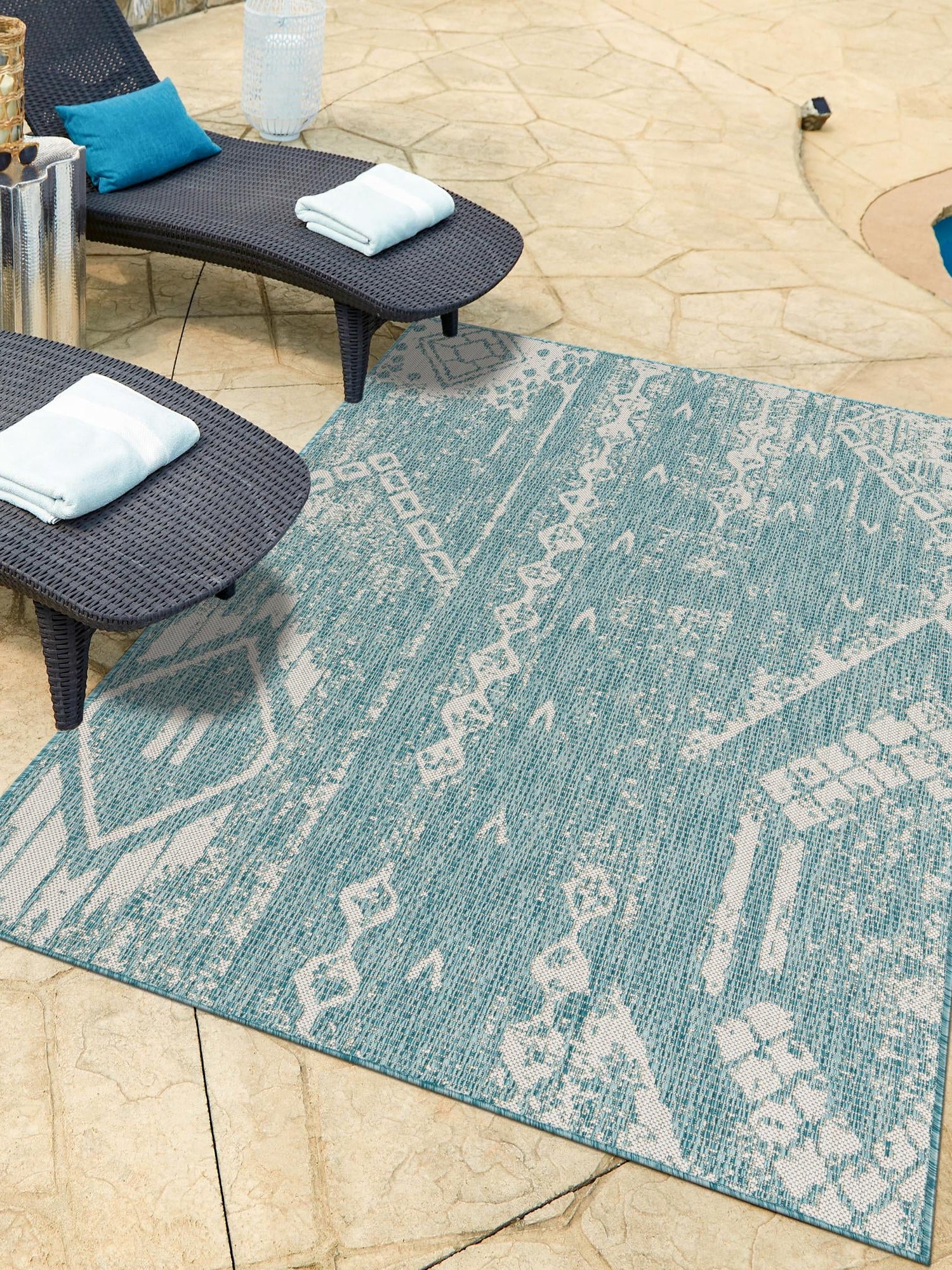 Light Aqua 5' 3 x 8' Outdoor Bohemian Rectangle Area Rug Weather Resistant for Patio, Deck, Terrace, Balcony, Porch 100% Polypropylene Boho Carpet Mat for Sale at Rug Engine