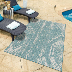 Light Aqua 7' 1 x 10' Outdoor Bohemian Rectangle Area Rug Weather Resistant for Patio, Deck, Terrace, Balcony, Porch 100% Polypropylene Boho Carpet Mat for Sale at Rug Engine
