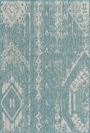 Light Aqua 4' 1 x 6' 1 Outdoor Bohemian Rectangle Area Rug Weather Resistant for Patio, Deck, Terrace, Balcony, Porch 100% Polypropylene Boho Carpet Mat for Sale at Rug Engine