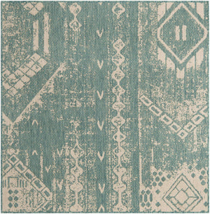 Light Aqua 5' 3 x 5' 3 Outdoor Bohemian Square Area Rug Weather Resistant for Patio, Deck, Terrace, Balcony, Porch 100% Polypropylene Boho Carpet Mat for Sale at Rug Engine