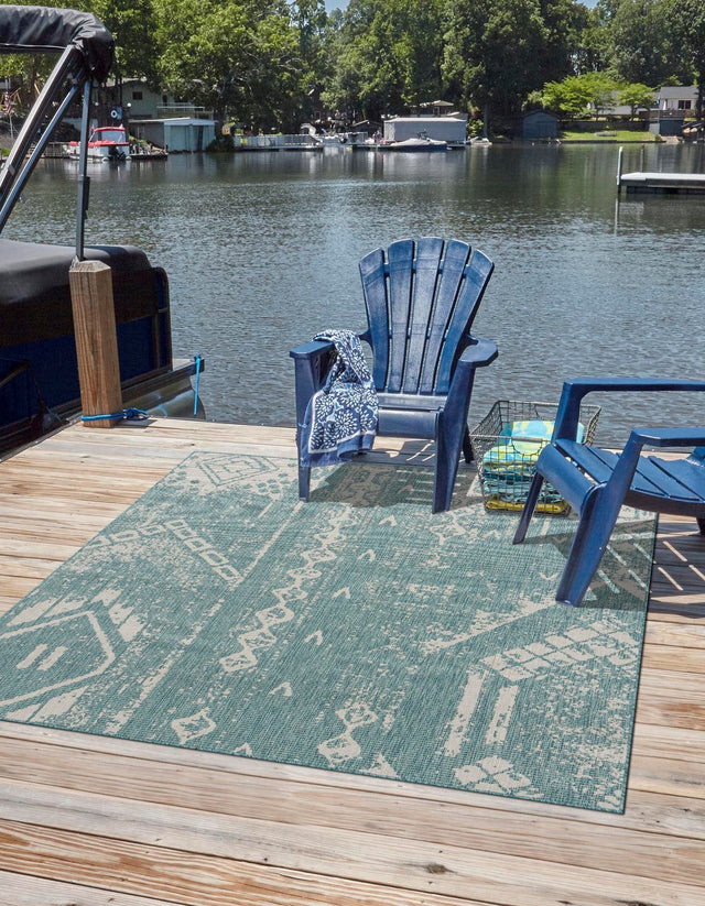 Light Aqua 10' 8 x 10' 8 Outdoor Bohemian Square Area Rug Weather Resistant for Patio, Deck, Terrace, Balcony, Porch 100% Polypropylene Boho Carpet Mat for Sale at Rug Engine